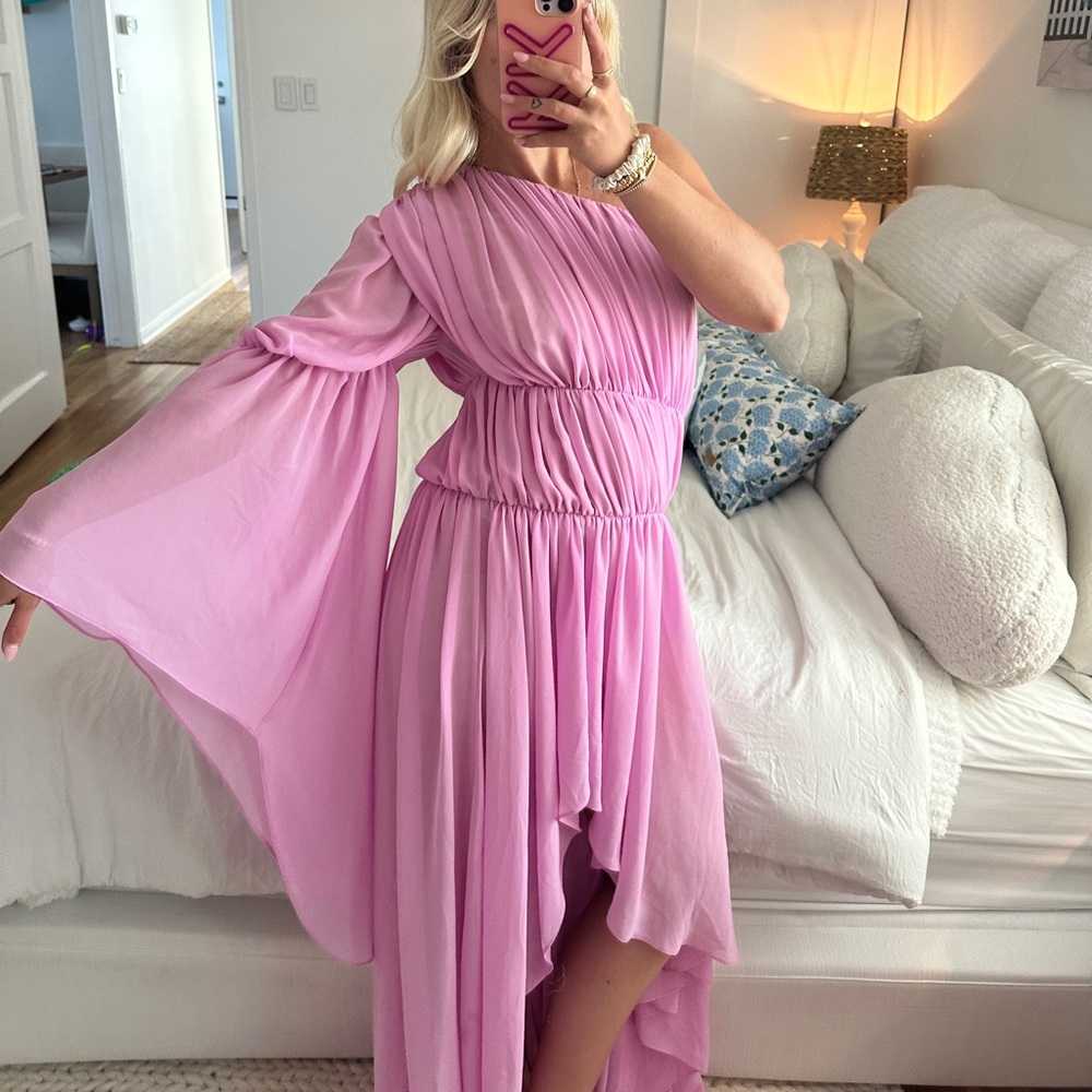 Michael Costello x revolve pink one sleeve tiered high low dress